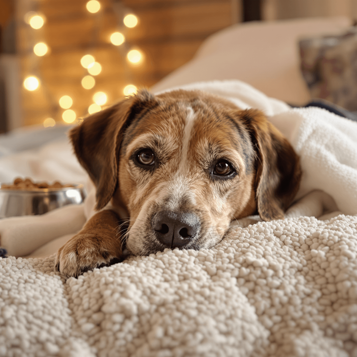 A senior dog with a gentle expression lies on a soft blanket in a cozy home, surrounded by warm lighting, a food bowl, and toys, symbolizing comfor...
